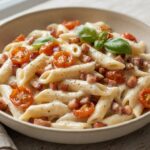 Pâtes au fromage frais, tomates cerises et pancetta