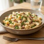 Pâtes crémeuses au bacon et petits pois
